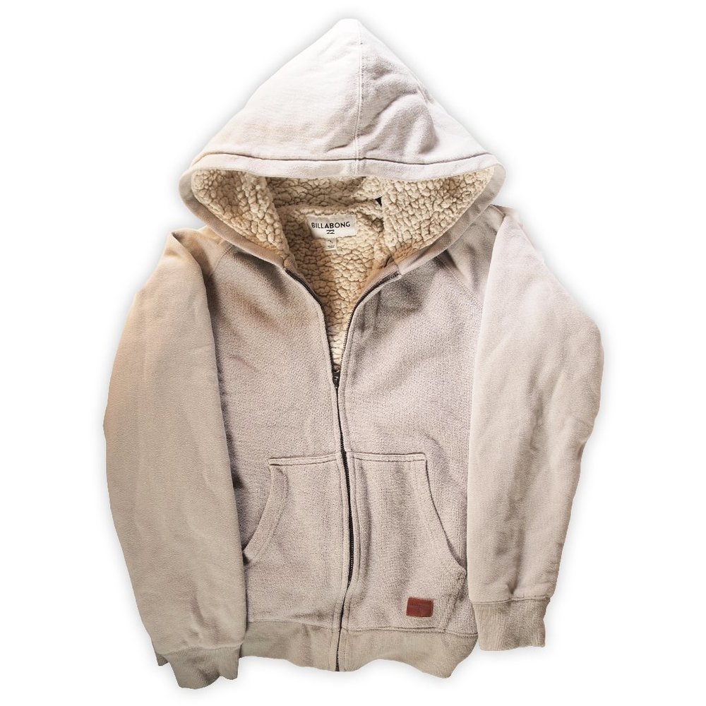 Ladies Billabong Sherpa Knit Hoodie Jacket, Size Large, Gray and Oatmeal Color